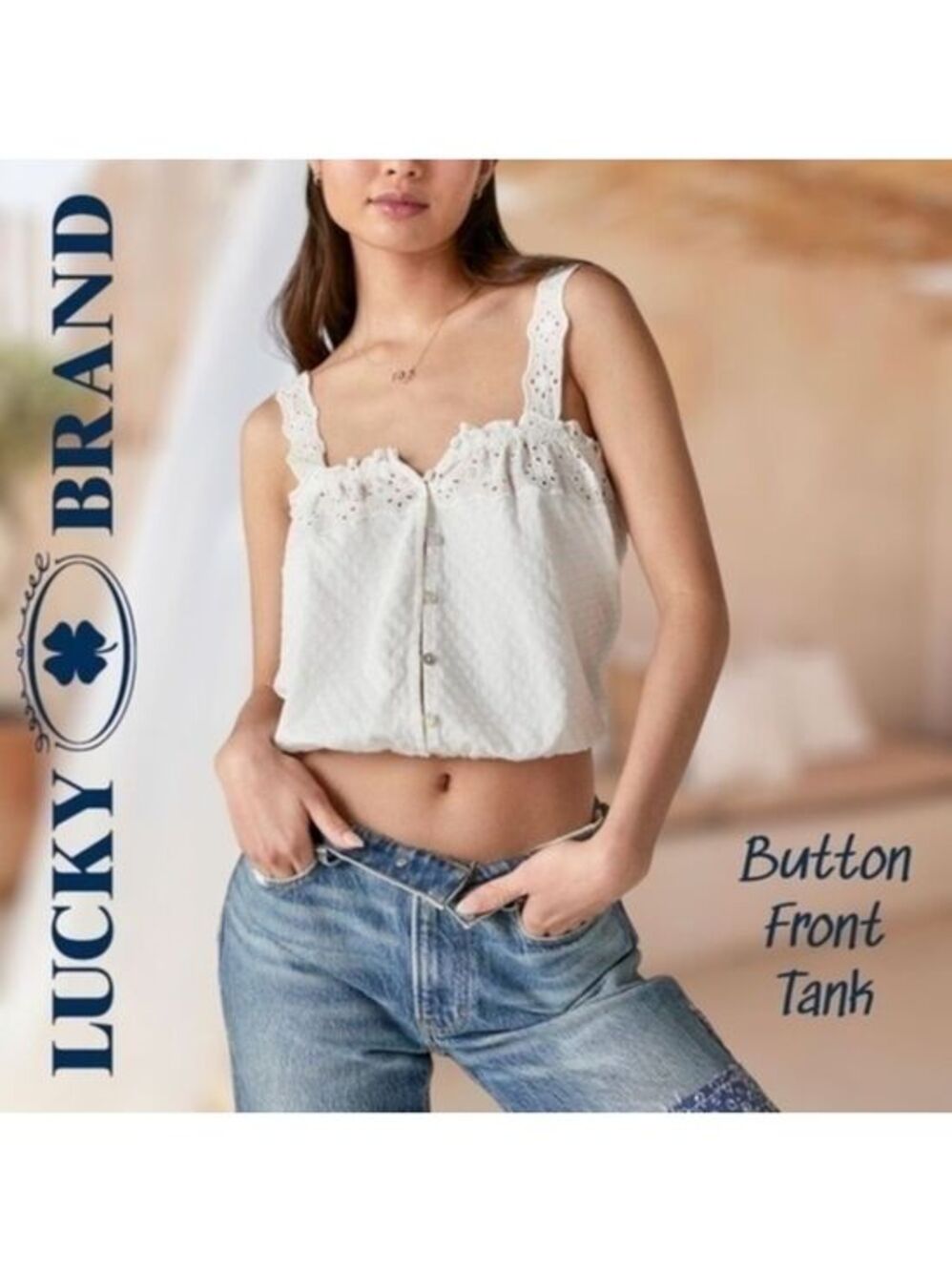 LUCKY BRAND White Cotton Eyelet Button-Front Elastic Hem Tank Top-White/XL/NWT